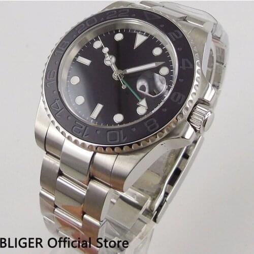 Solid BLIGER 40MM Black Sterile Dial Luminous Marks Ceramic Bezel GMT Function Sapphire Glass Automatic Movement Mens Watch
