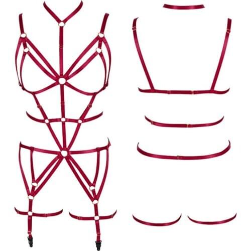 Full Body Harness Lingerie Set Cage Bra Strappy Tops Hollow Out Chest Belt Black Gothic Cupless Bralette Crop Tops Garter