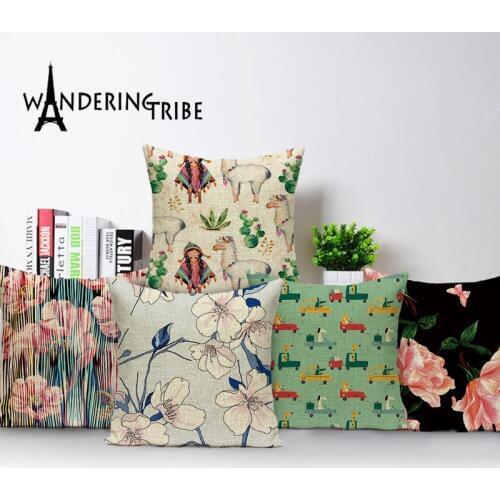 Retro Flowers Cushion Covers Cute Alpaca Decorative Pillows Case Linen Dinosaur Cushion Covers Plain Sofa Car Pillowcases Cojin