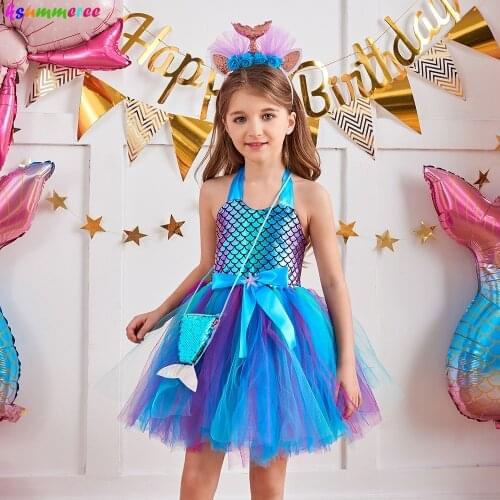 Little Mermaid Fancy Princess Dresses for Girls Birthday Party Tutu Vestidos Kids Halloween Christmas Dress Up Robe Costumes
