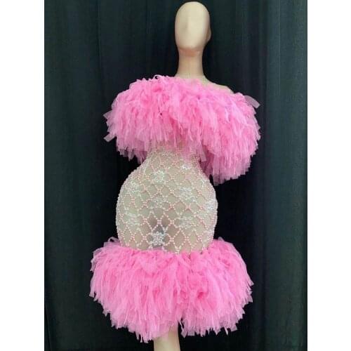 Night Club Mesh Outfits Evening Pink pearl dress Party girl lace Birthday Dress See Through nightclub singer wear