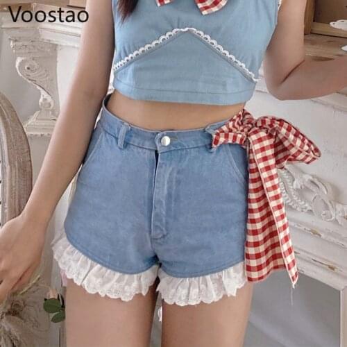 Sweet Lolita Style Denim Shorts Summer Women Korean Lace Ruffles Bow Bandage High Waist Shorts Cool Girls Sexy Punk Short Pants