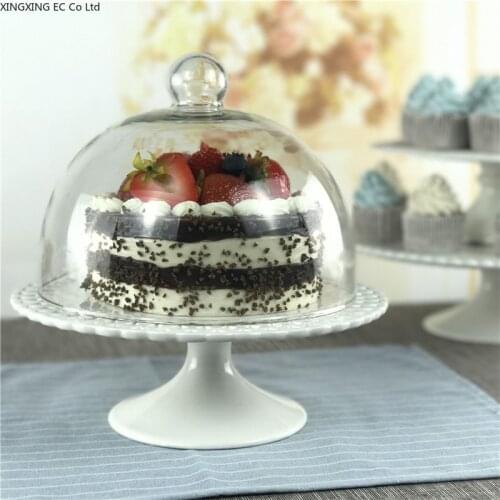 European-style Ceramic Tall Cake Tray Afternoon Tea Shelf Fruit Plate with Glass Lid Dessert Stand Wedding Set Display Plate