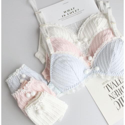Japanese Cute Sexy Lolita Panties and Bra Set Underwear Women Young Girls Kawaii Lingere Wire Free Bow Bra Thong Set Pink Blue