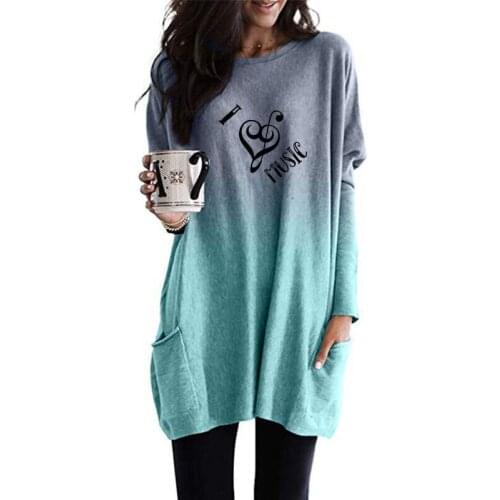 I Love Music Note Print Pocket Gradient T-shirt Women Femmes Spring Valentines Day Gift Long Sleeve Shirt Tops For Female