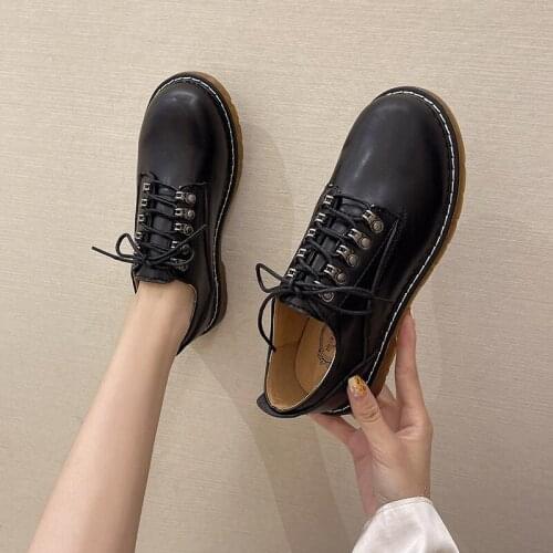 LLOGAI Oxford Leather Lace Up Platform Shoes Women Vogue Kawaii Black Brown Flats Ladies Spring Casual Walking Zapatos Mujer