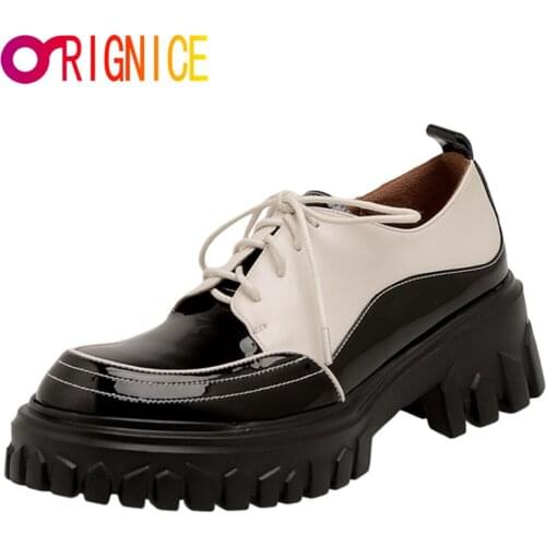 Orignice Women Platform Thick Heel Mixed Colors Pumps Lace Up Fashion Patent Leather Casual Japanese School Uniform Footwear