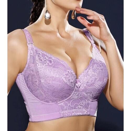 Plus Size Womens Full Coverage Non-padded Underwire Lace Sheer Embroidery Adjustable Push Up Bra 34~46 B C D E F G H I J Purple
