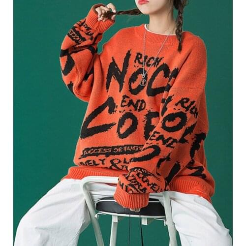 Neploha Fashion Womens Letter Knitted Sweater Casual O-neck Autumn Winter Pullover Korean Streetwear Loose Sweaters