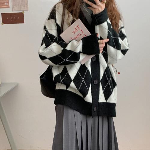 Vintage Argyle Plaid Knit Women Sweater Cardigans Autumn Single-breasted Button Long Sleeve Jumper Sweater Outerwear Jacket Coat