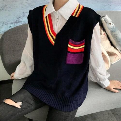 Knit Sweater Vest Kpop Korean V-necked Colorful Pocket Sleeveless Jumper Winter Clothing Outfit Chic Stylish Ins Daily Preppy