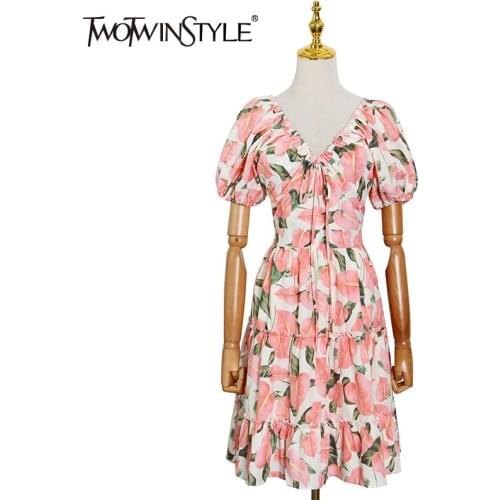 TWOTWINSTYLE Vintage Floral Print Dress For Women V Neck Short Sleeve High Waist Elegant Dresses Female Fashion New Clothing