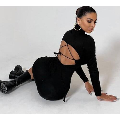 Women’s Casual Long-sleeved Dress Solid Backless Lace-up Skinny Mid-length Dress Female Ladies Sexy Bodycon Party Dresses