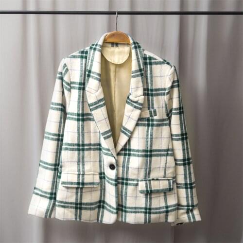 Women Coat 2021 Autumn Green Plaid Woolen Blazer Commuter Single-breasted Short Long Sleeve Top