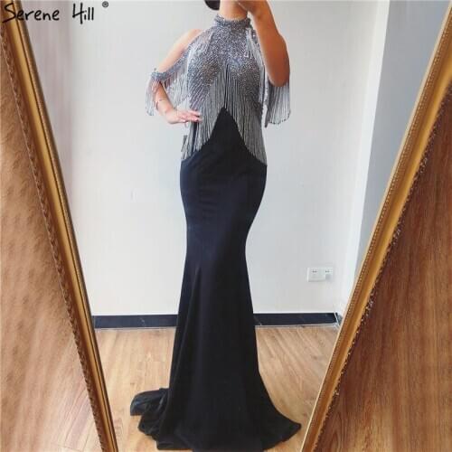 Luxurious Sleevless Sexy Sleeveess Jersey Evening Dresses 2020 Mermaid Beading Tassel Black Formal Dress Serene Hill DLA70346