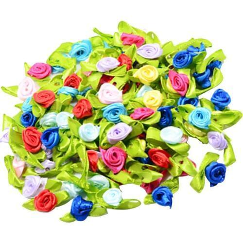 100Pcs Satin Ribbon Tiny Rolled Rose Bud Flower Sewing Applique DIY Hairbands for Scrapbooking, Card making, Crafting