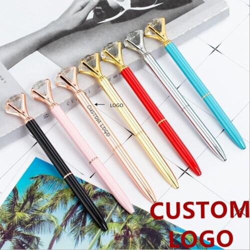 1Pcs Big Crystal Diamond Metal Ballpoint Pen Ring Wedding Office Gift Roller Ball Pens Black Blue Ink Free Custom Logo