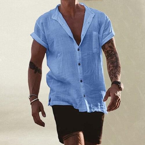 2021 New Men Solid Turn-Down Collar Summer Tops Loose Cotton Linen Single Breasted Casual Shirts Plus Size Daily Short Sleeve