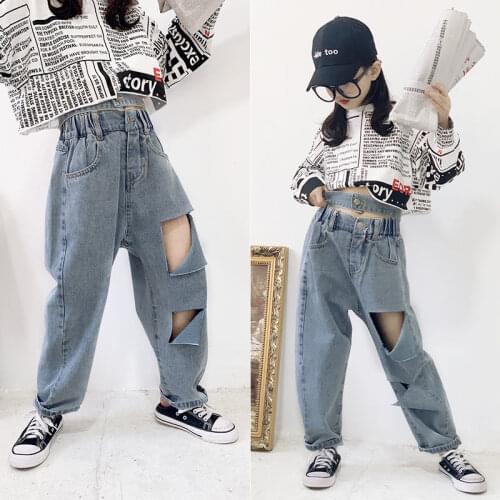 Children Girls Summer Denim Pants Teen Kids Casual Dad Pants Broken Hole Ripped Jeans 2021 Autumn Korean Style Streetwear 4-12