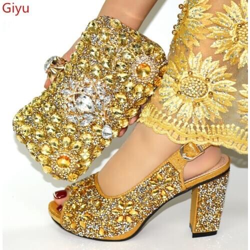 Doershow Italian gold Shoes and Bags To Match Set Nigerian Shoes and Matching Bag African Wedding Shoes and Bag Set!!HJL1-5