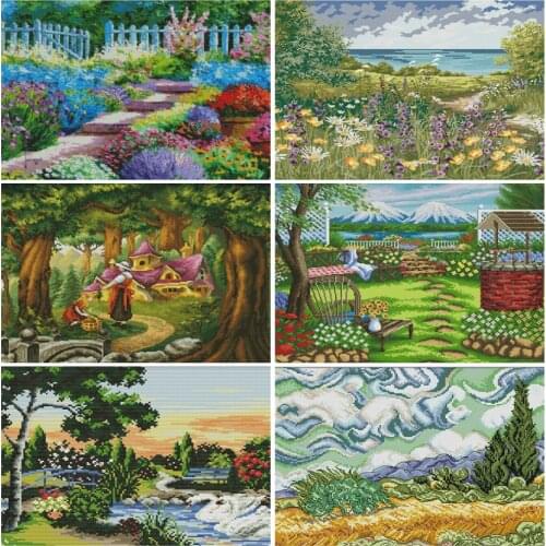 HUACAN Embroidery Landscape 11CT 14CT DIY Gift Needlework Sets Cross Stitch Flower White Canvas Kits Home Decoration