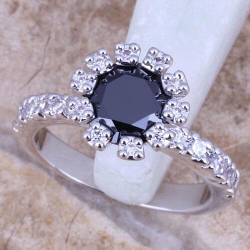 Sparkling Black Cubic Zirconia White CZ Silver Plated Womens Jewelry Ring Size 6 / 7 / 8 / 9 R0708