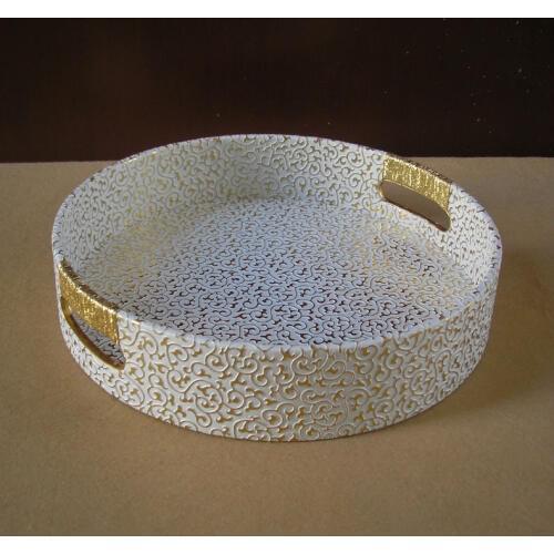 Diameter29 cm round leather serving storage decorative tray fruit food tray embossed gold over white 296C