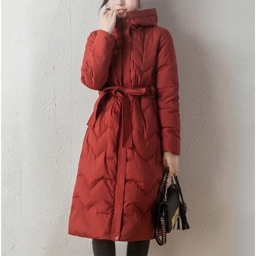 FTLZZ New Winter Women Warm Thicken White Duck Down Jacket Parkas Hooded Long Down Coat Slim Big Size Outerwears with Sashes