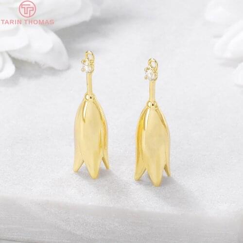 4PCS 7x27MM 24K Gold Color Brass with Zircon Flower Bud Charm Pendants for DIY Jewelry Making Findings Accessories