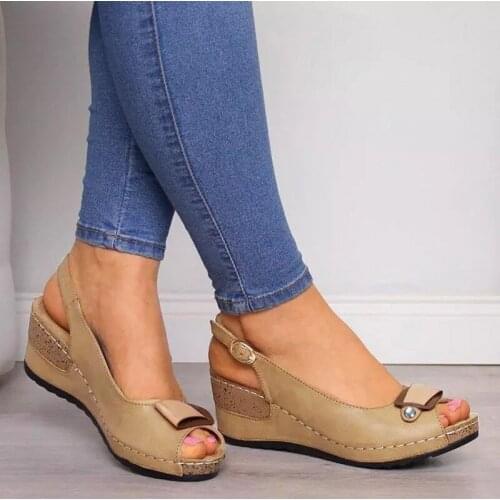 Summer Plus 35-43 Rome Casual Sandals Women Wedges Sandals Pumps Ankle Buckle Open Toe Fish Mouth Wedges Shoes Chunky Heels