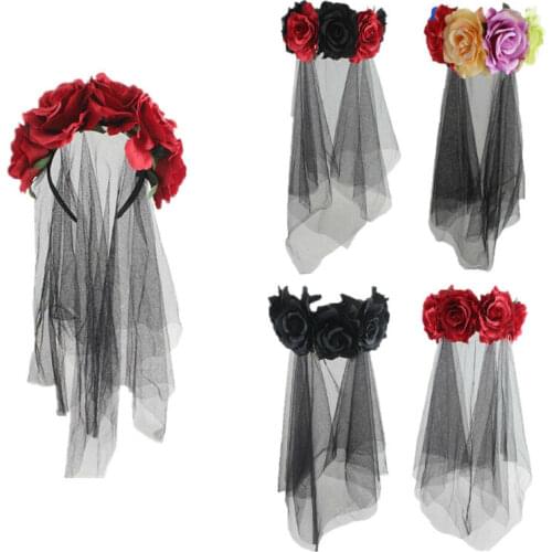 Fashion Ladies Girls Day of the Dead Red Rose Headband Headdress Flowers Halloween Hat