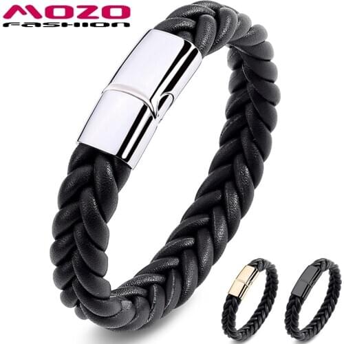 MOZO Fashion Men Bracelets Black Leather Women Bracelet Silve Stainless Steel Magnetic Buckle Punk Jewelry