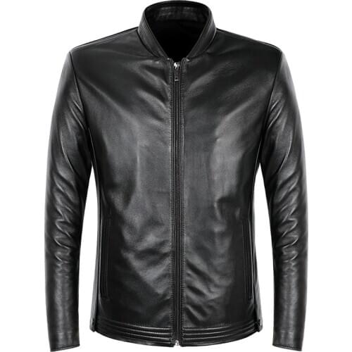Mens Real Spring Jacket Fashion Business Casual Zipper Genuine Soft Sheepskin Leather Coat For Men Stand Collar Slim Fit
