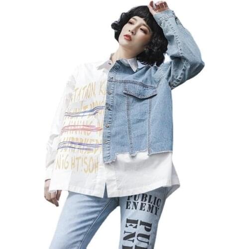 Autumn Fashion Temperament Long Sleeved Blouse Loose Casual Letter Printing Top 2021 Trend Denim Stitching Fashion Coats Clothes