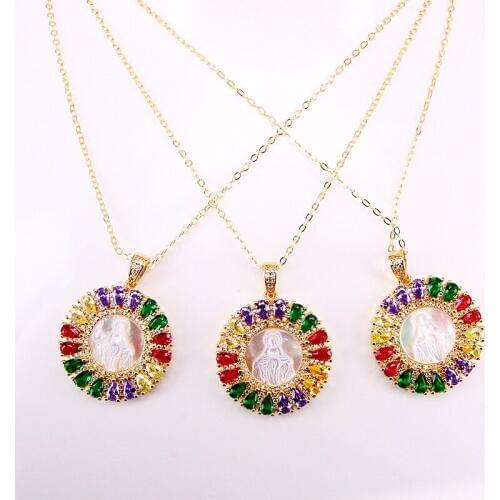 6PCS, Gold Filled Colorful Zirconia Fashion CZ Micro Pave Mother Of Pearl Shell Jesus/ Mary of Virgin Pendant Necklace