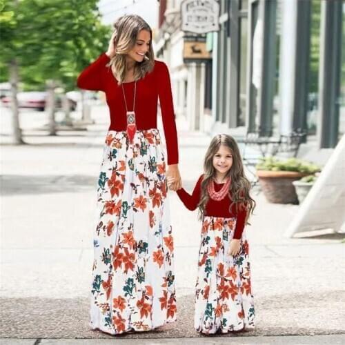 New Fashion Family Matching Clothes Autumn Mum And Daughter Dress Long Sleeve Printed Long Dresses Mother Kids Flower clothing