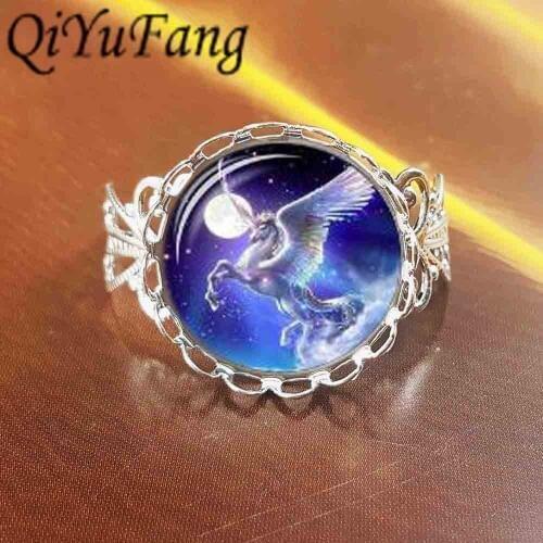 QiYuFang ring Glowing in Dark Jewelry Round Glass Cabochon Unicorn Pattern Long Chain rings Women New Arrival adjustable charms