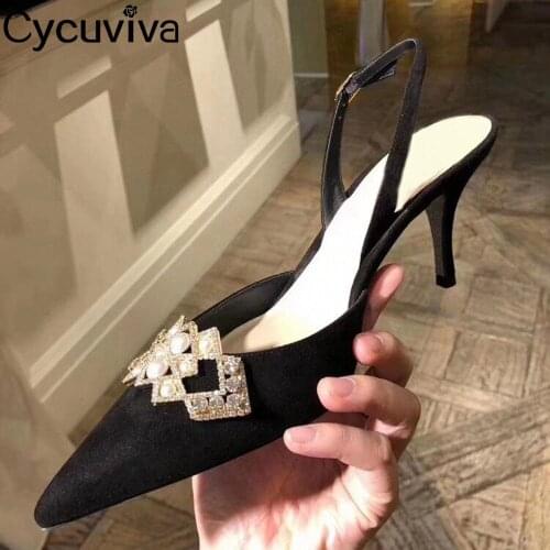 Sexy Kitten Heel Pearl Decorate Sandals Women Slip On Buckle Strap Pumps Ladies Shoes Mesh Designer Party Wedding Stiletto Women