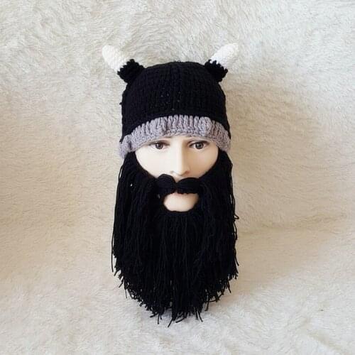 Handmade Knit Beard Horn Hat Winter Warm Barbarian Viking Beanie Holiday Party Cool Funny Cosplay Cap For Male Xmas Gifts YG606