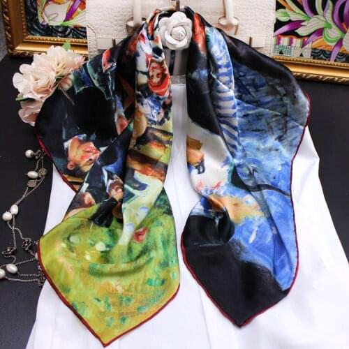 New Pure Silk Scarf Women Large Shawls Stoles Oil Paintings Print Square Scarves Echarpes Foulards Femme Wrap Bandanas 88cm