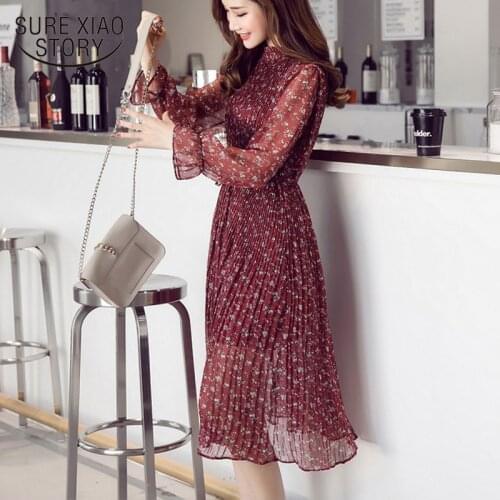 Floral Chiffon Dress Long Sleeve Fashion Casual Spring Summer New Women Elegant Printed Lady Long Pleated Dress Female 7882 50