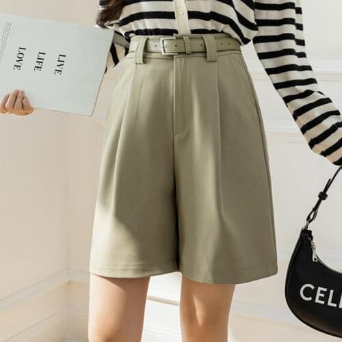 Flectit Women Bermuda Shorts With Belt High Waist Wide Leg Front Pleats Pastel Blue Shorts Female Student Girl Casual Outfit