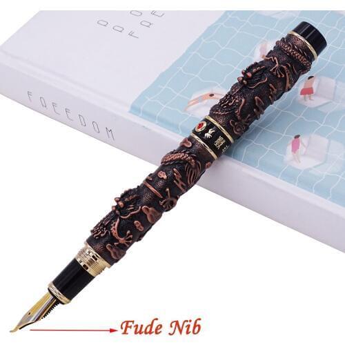 Jinhao Vintage Red Copper Fountain Pen Double Dragon Calligraphy Fude Nib Metal Carving Embossing Heavy Gift Pen Collection