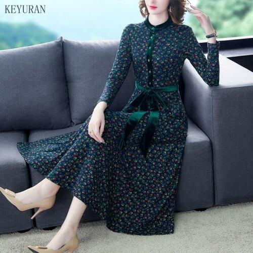 Vintage Floral Print Velvet Dress for Women Elegant Long Sleeve Patchwork 2021 Spring Autumn Slim A-Line Lace-Up Party Dresses