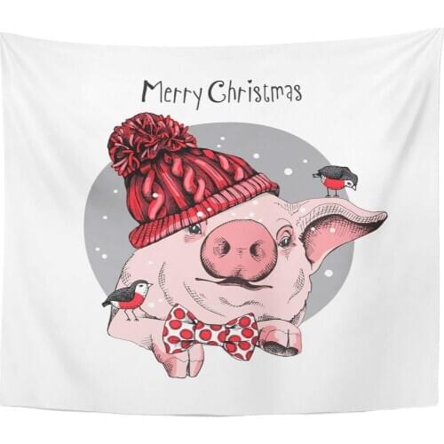 Funny Christmas Portrait of The Pink Pig in Red Knitted Cap Bow Tie Birds on Gray Hat Tapestry Home Decor Wall Hanging