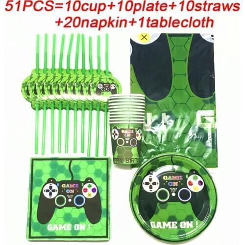 Green Game On Party Supplies Paper Cup Plate Straws Tableware Set Video Game Controller Kid Boys Birthday Party Decor Tablecloth