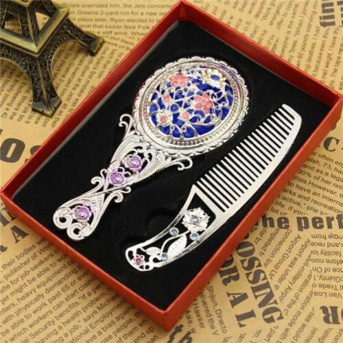 4set Silver color maquillaje espejo Retro crystal flowers Metal Portable mirror comb set makeup mirror Vintage Cosmetic mirror