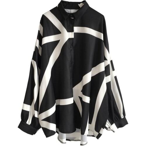 Womens Irregular Stripe Pattern Blouse 2021 Spring Autumn Oversized Loose Lapel Long Sleeve Shirt Female Casual Tops Streetwear