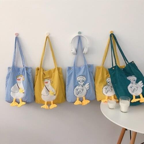 Hylhexyr Women Corduroy Shoulder Bag Shopping Bags Casual Tote Female Duck Embroidery Cute Handbag Purses With Magnetic Buckle