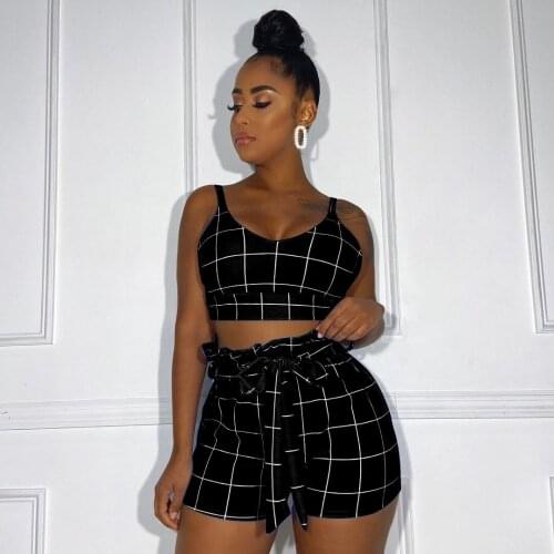 Grid Print Deep V Neck Sleeveless Crop Top And Hot Short 2 Pieces Set Sexy Tight Club Party Lady Fashion Tracksuits